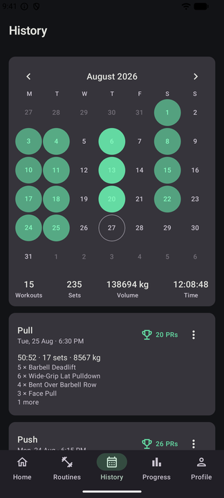 The history calendar with a month of sessions and totals
