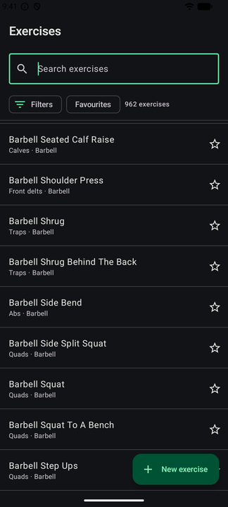 The exercise library: a search field, filters, favourites and a list of 962 exercises