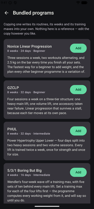Bundled programs: Novice Linear Progression, GZCLP, PHUL and 5/3/1 Boring But Big, each with an Add button