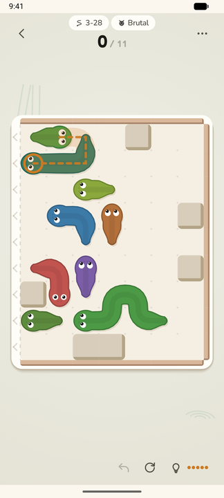 A Gulp board mid-solve: eight snakes on warm paper, one of them ringed with the dashed path its next tap would take
