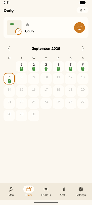 The daily screen: today's Calm puzzle at the top, a September calendar under it with a snake on each solved day