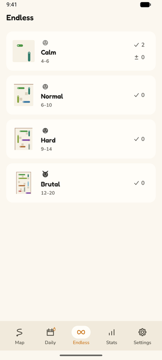 The endless screen listing the Calm, Normal, Hard and Brutal bands