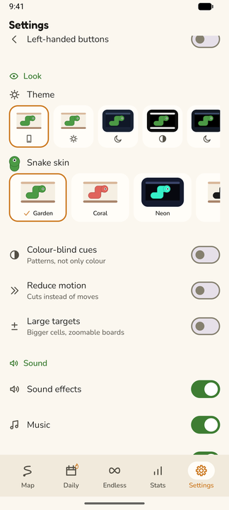 The Look section of Settings: theme swatches, snake skins, and switches for colour-blind cues, reduce motion and large targets