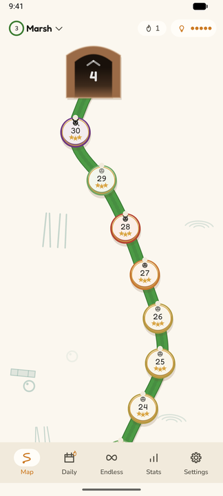 The Gulp map: a green snake winding down the screen with numbered level discs on it, each ringed by its difficulty and carrying up to three stars