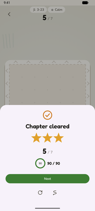 The win sheet: Chapter cleared, three stars, five taps against a par of seven, and the chapter ring at ninety of ninety
