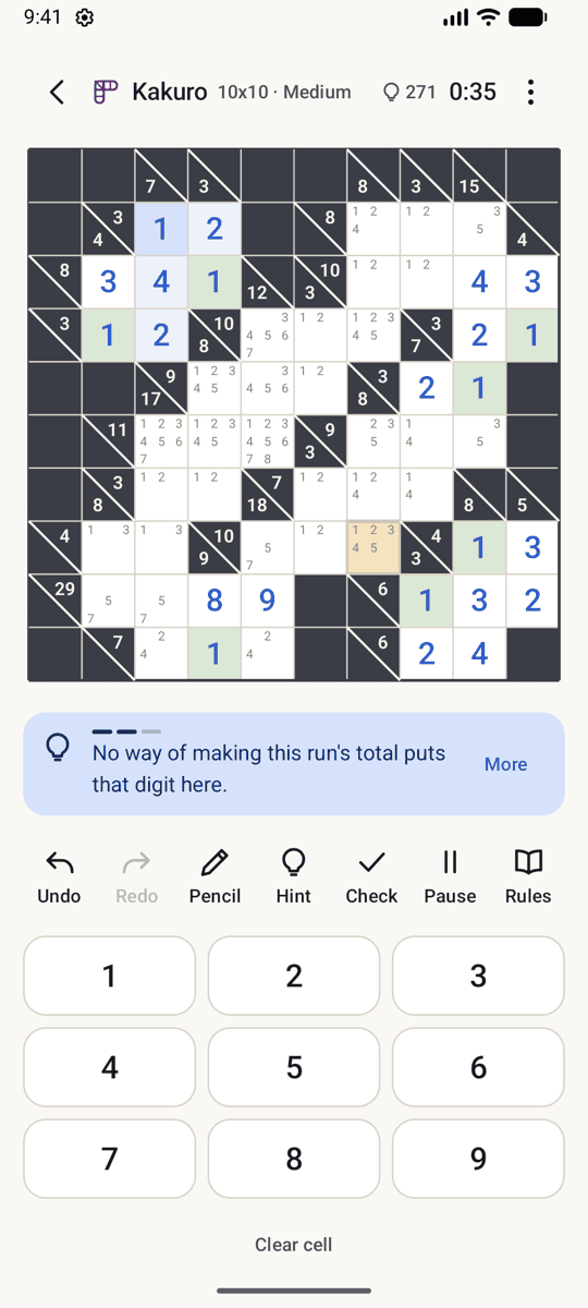 A hint open on a Kakuro board: one sentence of reasoning, with the run it is about highlighted