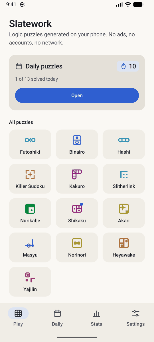The Slatework home screen: a daily puzzle card with a streak of 10, and a grid of 13 puzzle types