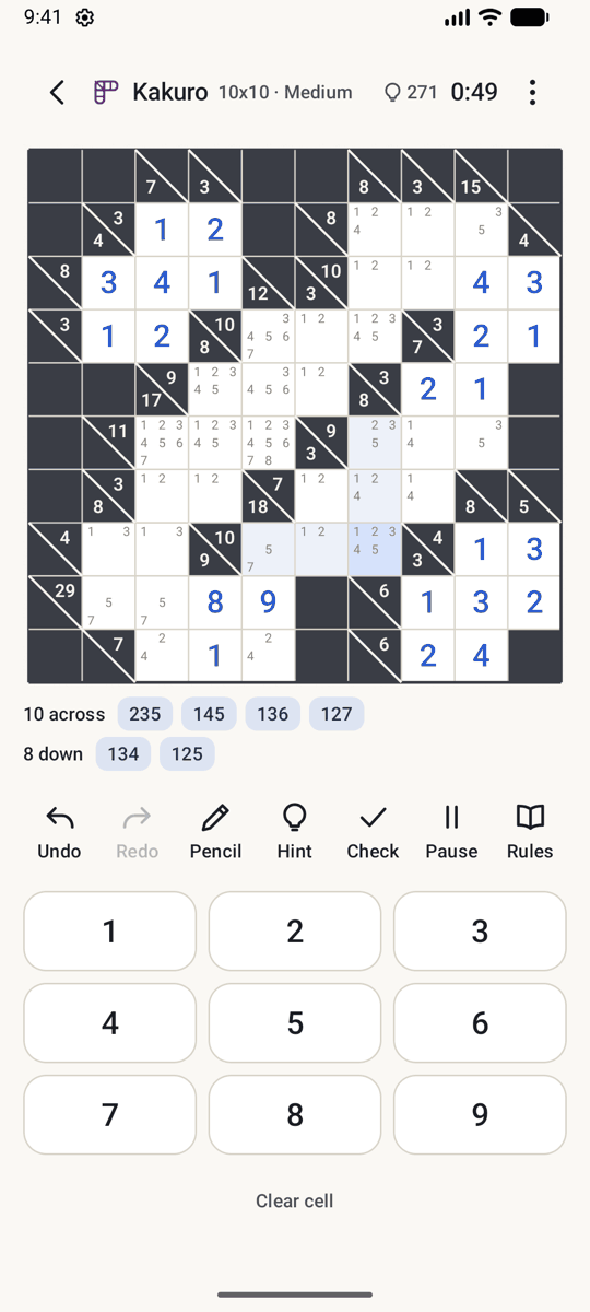 A Kakuro mid-solve with a clue cell selected