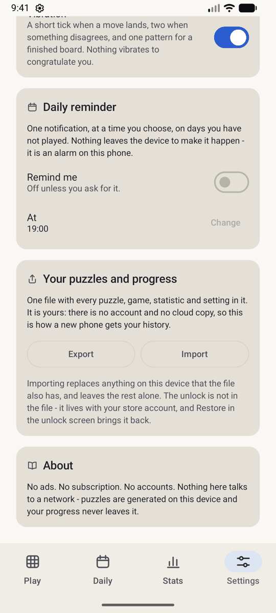 The foot of the settings screen: reminder, backup file and about