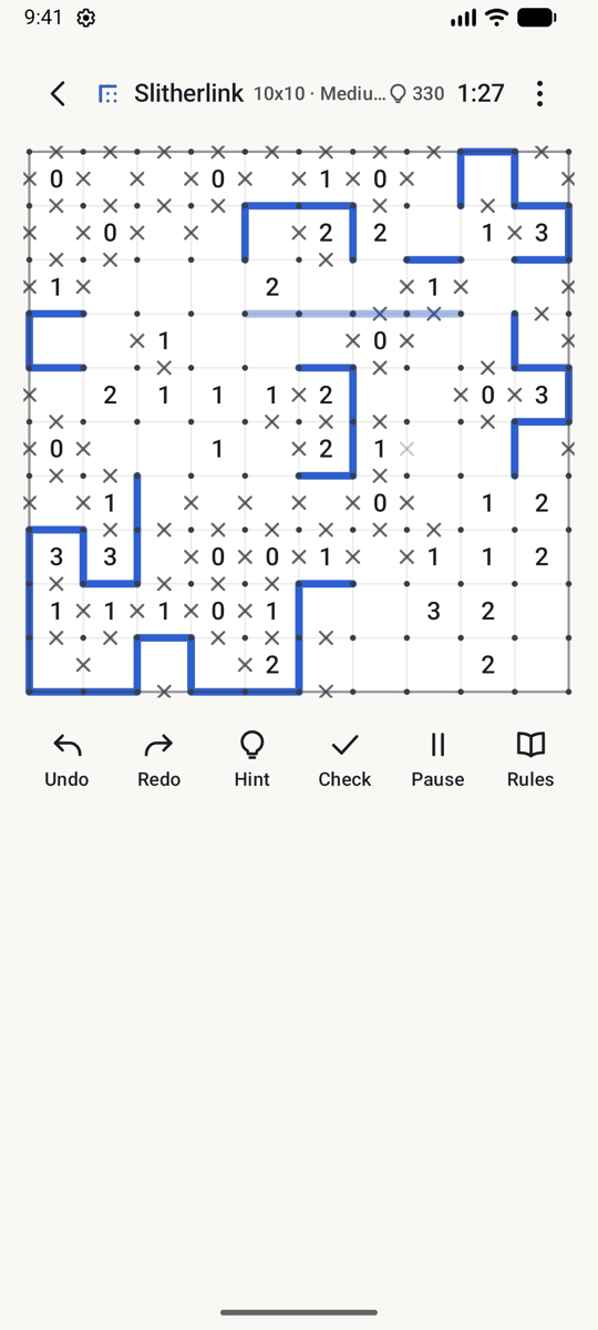 A Slitherlink board with a drag in progress, the line half drawn
