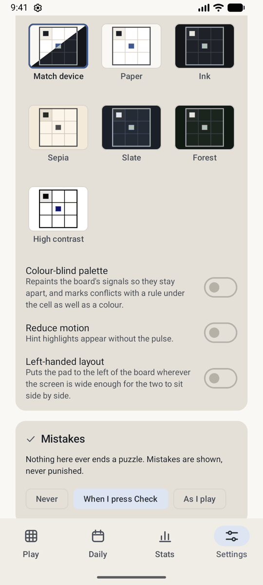 The theme picker showing seven boards as swatches