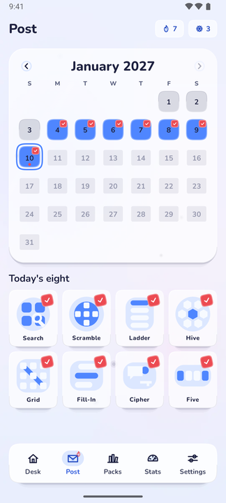 The Post screen: a January 2027 calendar with a week of solved days stamped, and today's eight below it, every one checked