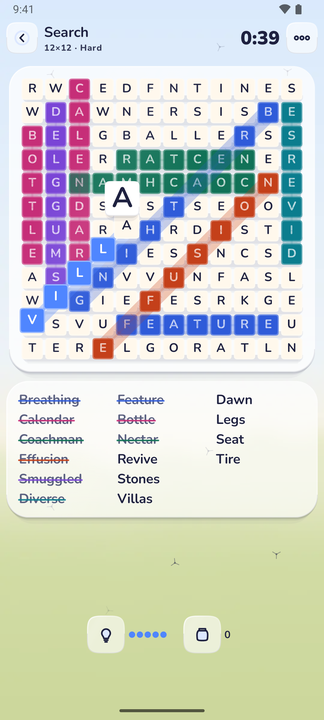 A Quill word search mid-solve: a 12×12 board of letter tiles under glass, five words already struck through on the list below
