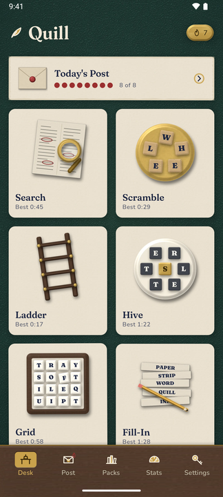 The Study look: a dark green desk with a wax-sealed Post envelope and eight paper cards, each carrying a rendered object — a magnifier, a wheel of tiles, a ladder, a hive of letters