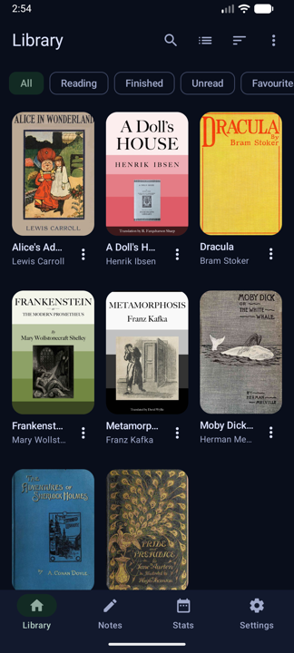 The Shadow Reader library, a grid of book covers