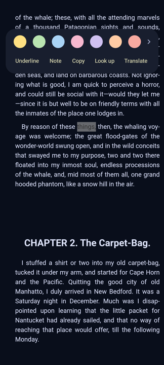 Selected text with highlight colours, underline, note, copy, look up and translate
