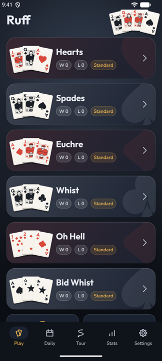 The Ruff home screen: Hearts, Spades, Euchre, Whist, Oh Hell and Bid Whist, each with its record and level