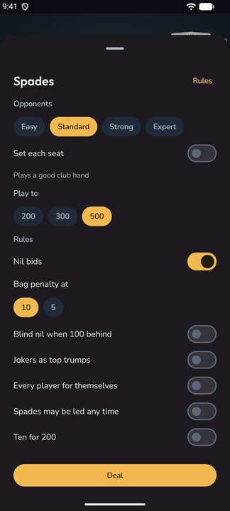 The Spades setup sheet: Easy, Standard, Strong and Expert chips, a Set each seat switch, play to 200, 300 or 500, and the rules — nil bids, bag penalty at 10 or 5, blind nil, jokers, every player for themselves, spades led any time, ten for 200