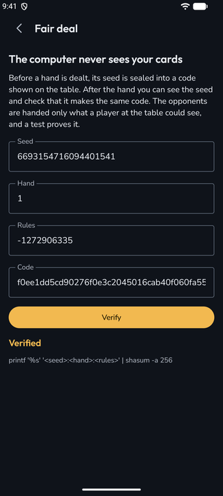 The Fair deal screen: seed, hand, rules and the SHA-256 code filled in, a Verify button, and 'Verified' underneath with the shell command that checks it