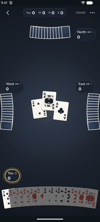A hand of Hearts on the Graphite table: three cards down in the centre, the North, West and East fans face-down, your thirteen fanned along the bottom with the seal code CEB268 in the corner