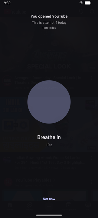 The Ruk pause screen over a YouTube open, showing a breathing countdown