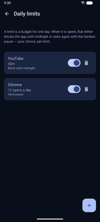 Daily limits: 45 minutes on YouTube, 12 opens on Chrome