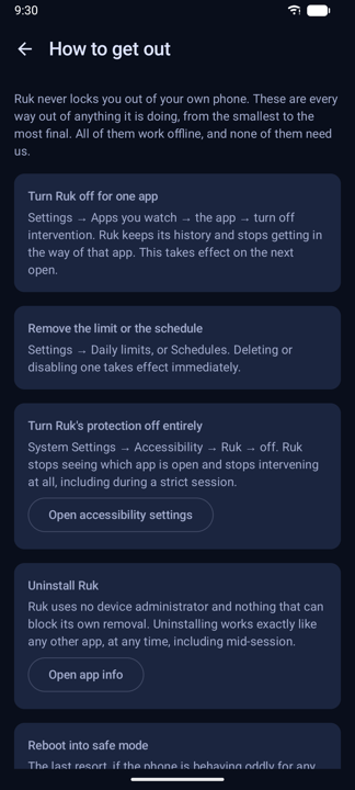 A screen listing every way out of every restriction