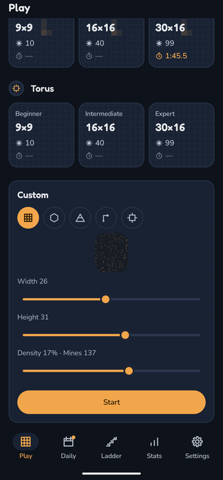 The Custom card: five shape chips, a preview of the board, and Width 26, Height 31 and Density 17% with 137 mines as three sliders above a Start button