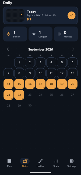 The Daily screen: today's 16×16 square board solved in 8.7 s, a streak of one, and September 2026 with nine days filled in