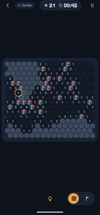 A hex Intermediate board mid-solve on the Slate theme, with a hint held: an amber ring on the number that proves the move and dashed outlines on the cells it decides