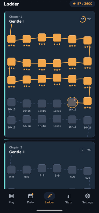 The ladder: chapter 1, Gentle I, its trail three-starred in amber up to the next node, 57 of 3,600 stars