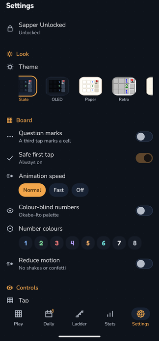 Settings, Look and Board: theme tiles for Slate, OLED, Paper and Retro, question marks, safe first tap, animation speed, colour-blind numbers, eight number colours and reduce motion