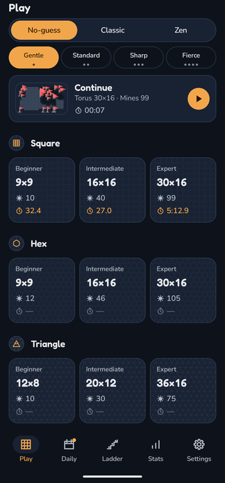 The Play screen: No-guess, Classic and Zen; the Gentle, Standard, Sharp and Fierce bands; a Continue card for a torus board; and the Beginner, Intermediate and Expert presets for square, hex and triangle with personal bests