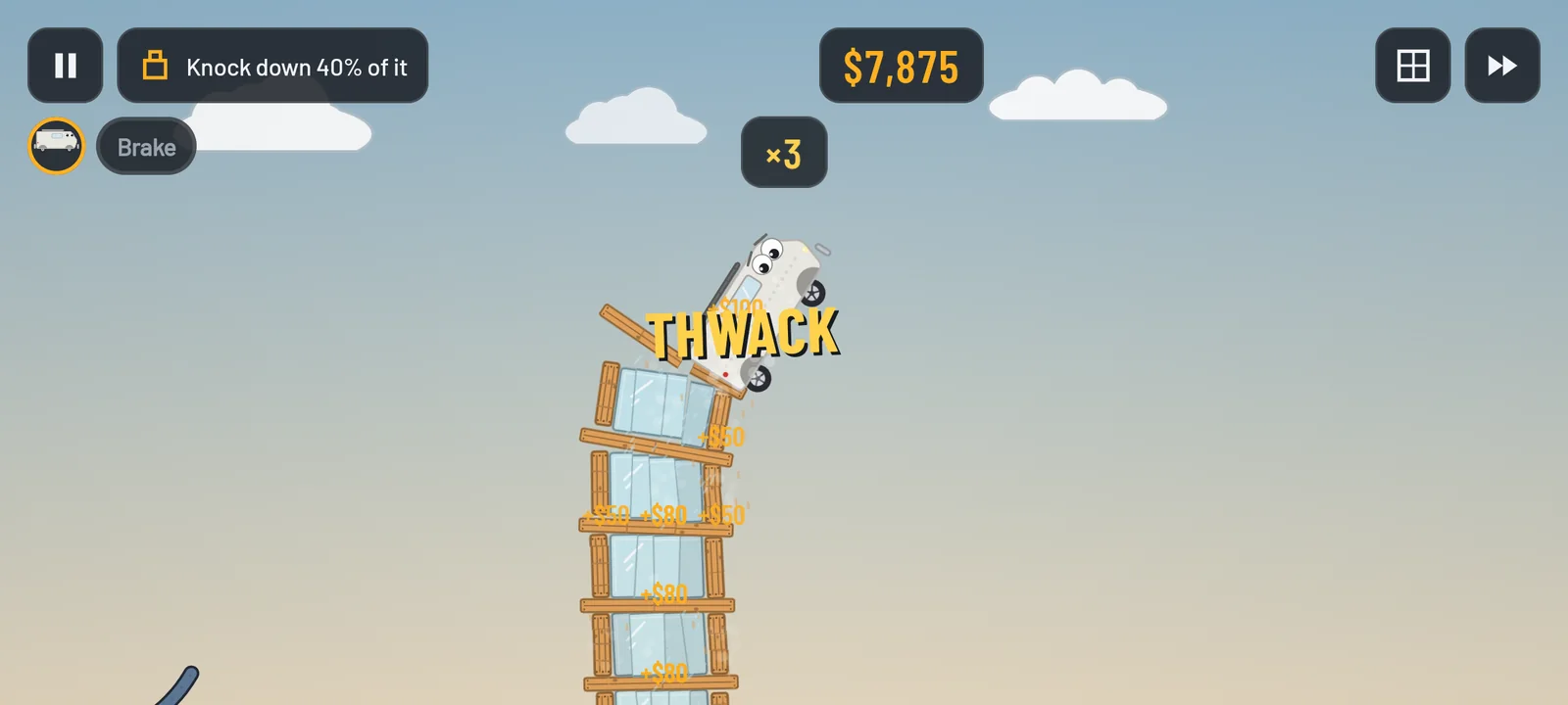 A cartoon van driven off the ramp slams into a tower of glass and planks: THWACK in yellow letters, the damage counter at $7,875 and a ×3 combo