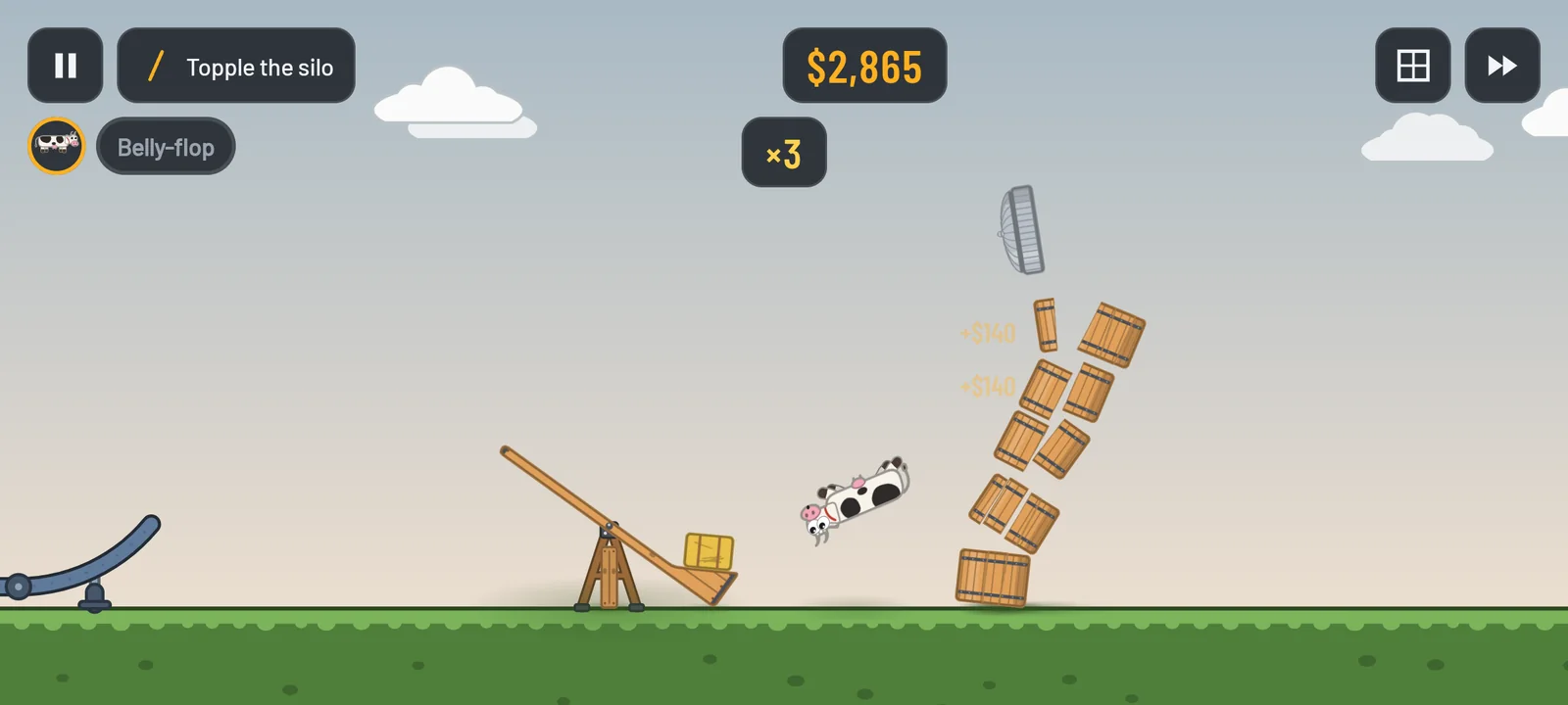 A cow bounces off a seesaw as a silo of crates topples