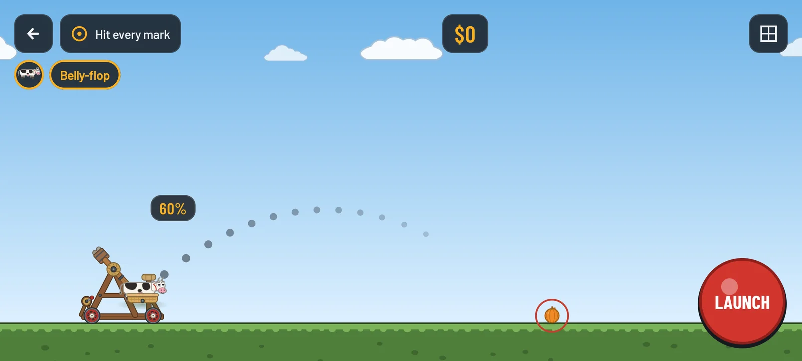 A timber catapult on a farm loaded with a cow in a wicker basket, 60% wound, its dotted arc curving toward a pumpkin mark, a red LAUNCH button on the right