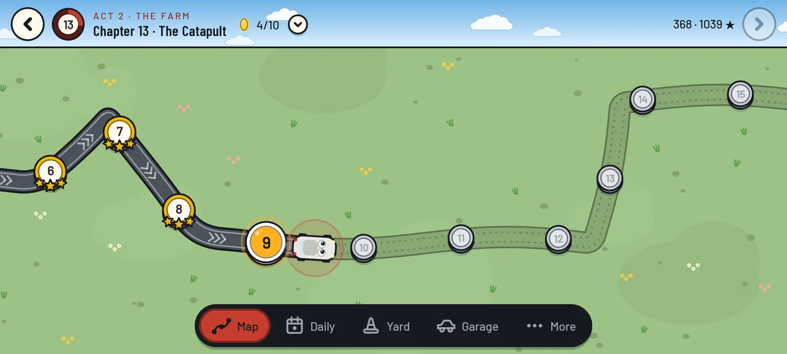 The map on the Farm, chapter 13, The Catapult: a winding road of levels, the finished ones with gold stars, the car parked at level 9