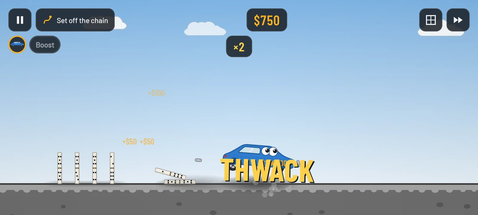 A blue sedan hits a row of dominoes on a suburban street: THWACK, $750 and a ×2 combo, with the goal Set off the chain