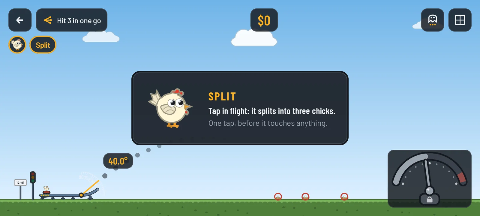 A chicken on the ramp and the card that teaches its trick: Split — tap in flight, it splits into three chicks, one tap before it touches anything